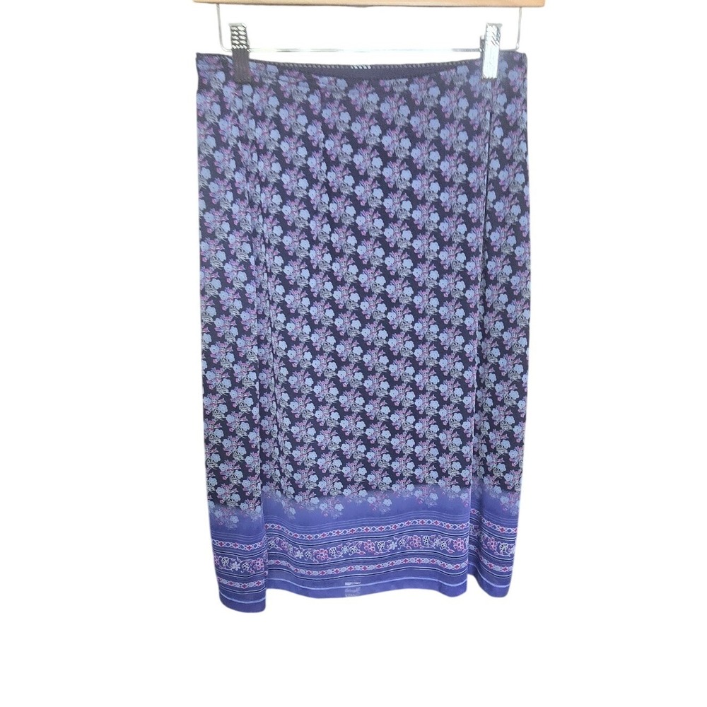 Vintage 90s Express World Brand Floral Border Print Blue Purple Midi Skirt Small